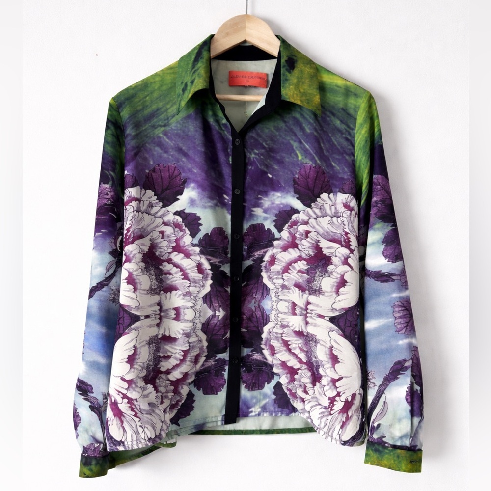 Clover Canyon Vibrant Floral Landscape Print Button Down Shirt Medium Made USA